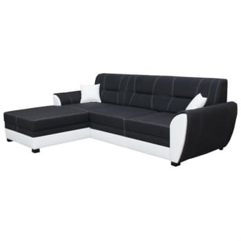 Sedací souprava, rohová, rozkládací, levé provedení, ekokůže bílá / látka černá / bílé prošití, MARUTI - TempoKondela