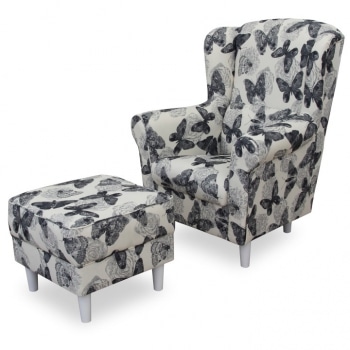 Křeslo ušák s taburetem, látka butterfly 1, ASTRID - TempoKondela