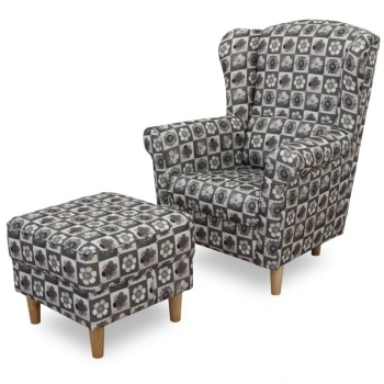 Křeslo ušák s taburetem, látka patchwork N1, ASTRID - TempoKondela