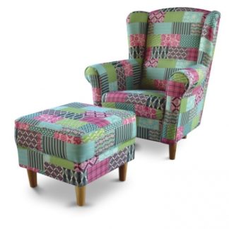 Křeslo ušák s taburetem, látka patchwork M1, ASTRID - TempoKondela