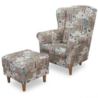 Křeslo ušák s taburetem, látka parchwork Viorica 1, ASTRID - TempoKondela