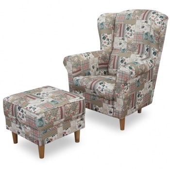 Křeslo ušák s taburetem, látka parchwork Viorica 1, ASTRID - TempoKondela