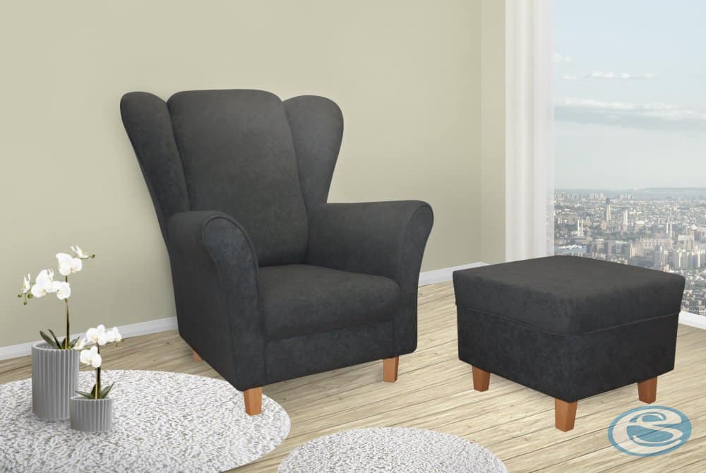 Křeslo ušák Jula černá + taburet - FALCO