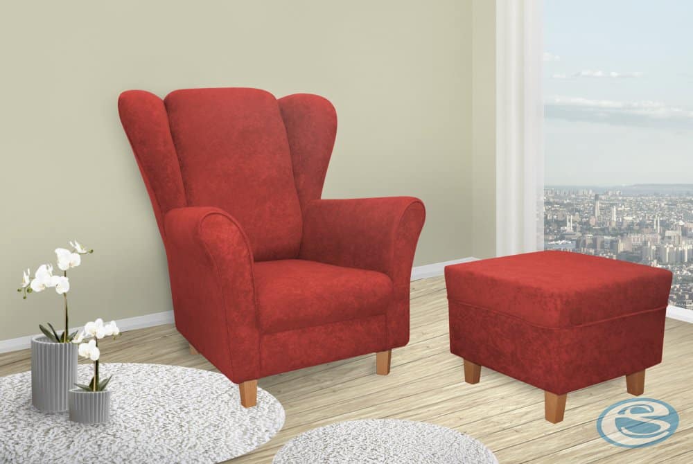Křeslo ušák Jula červená + taburet - FALCO