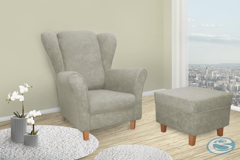 Křeslo ušák Jula šedá + taburet - FALCO