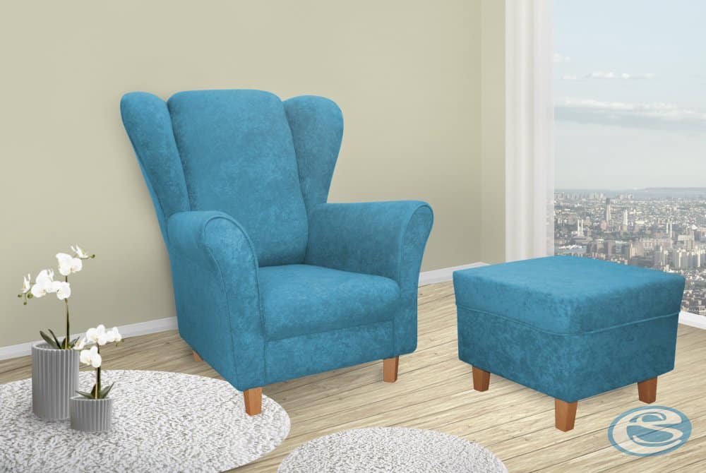 Křeslo ušák Jula modrá + taburet - FALCO