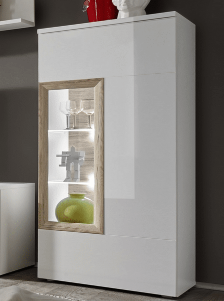 Stojací/závěsná vitrína Prag T2, bílý lesk/dub san remo, s osvětlením