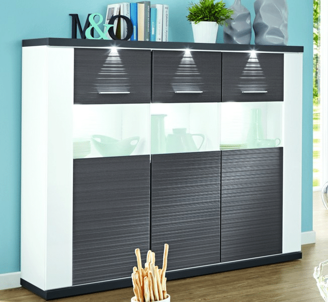 Široká vitrína Caracas typ 22, grafit/bílý lesk, s osvětlením