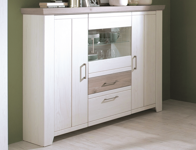 Vysoká komoda Cruz typ 07, bělená pinie/šedý dub