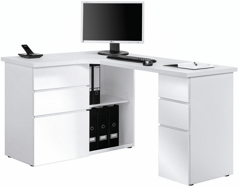 Rohový psací stůl Model 9543, bílý mat/bílý lesk