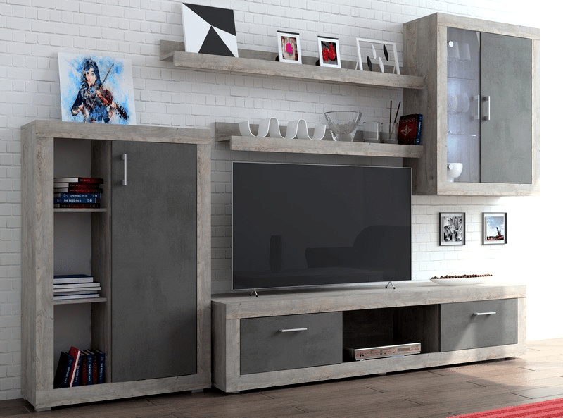 Obývací stěna Island, dub ribbeck/tmavý beton, s osvětlením