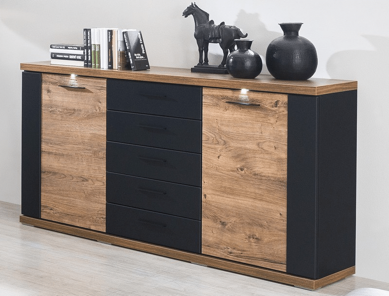 Široká komoda Boston typ 21, černá/dub ribbeck, s osvětlením