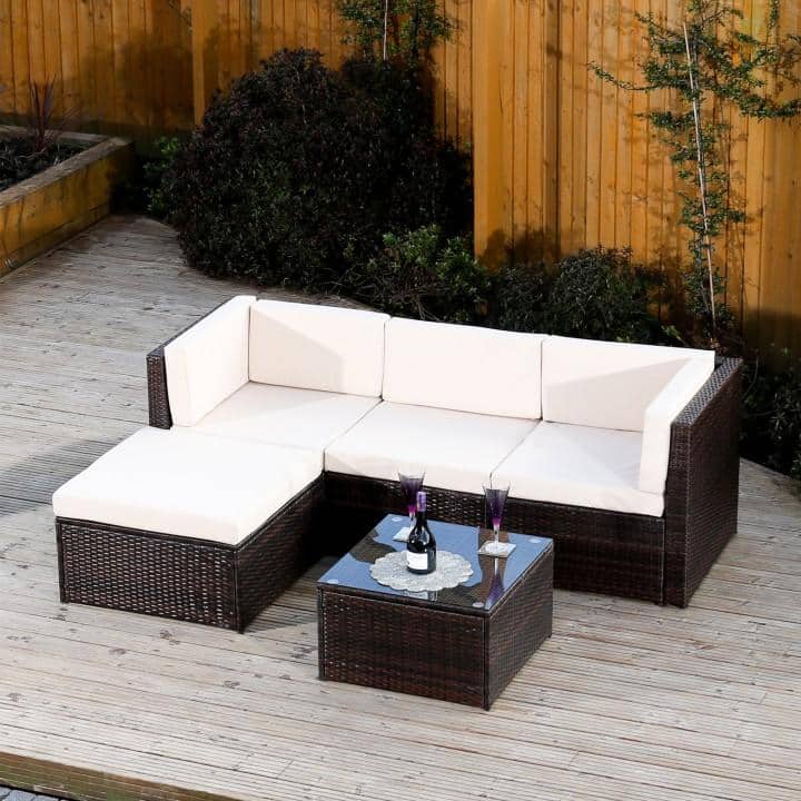 Zahradní set, roh s polštáři + konferenční stůl, ratan, tmavohnědá / krémová, ALERA 0000186612 Tempo Kondela