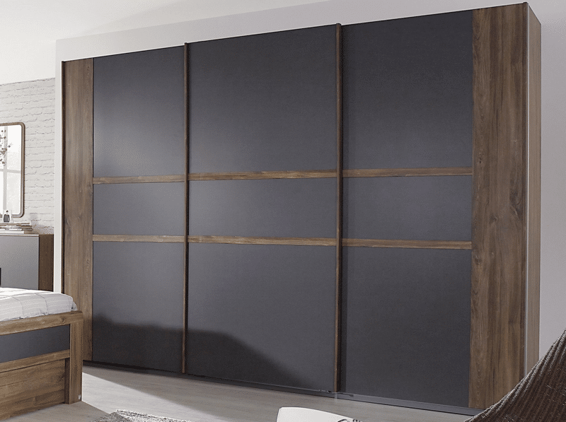 Šatní skříň Bernau, 271 cm, dub stirling/šedá, posuvné dveře