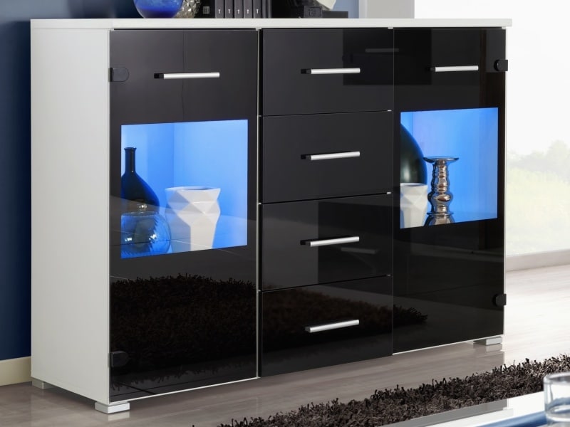 RENO, komoda, bílá/černý lesk