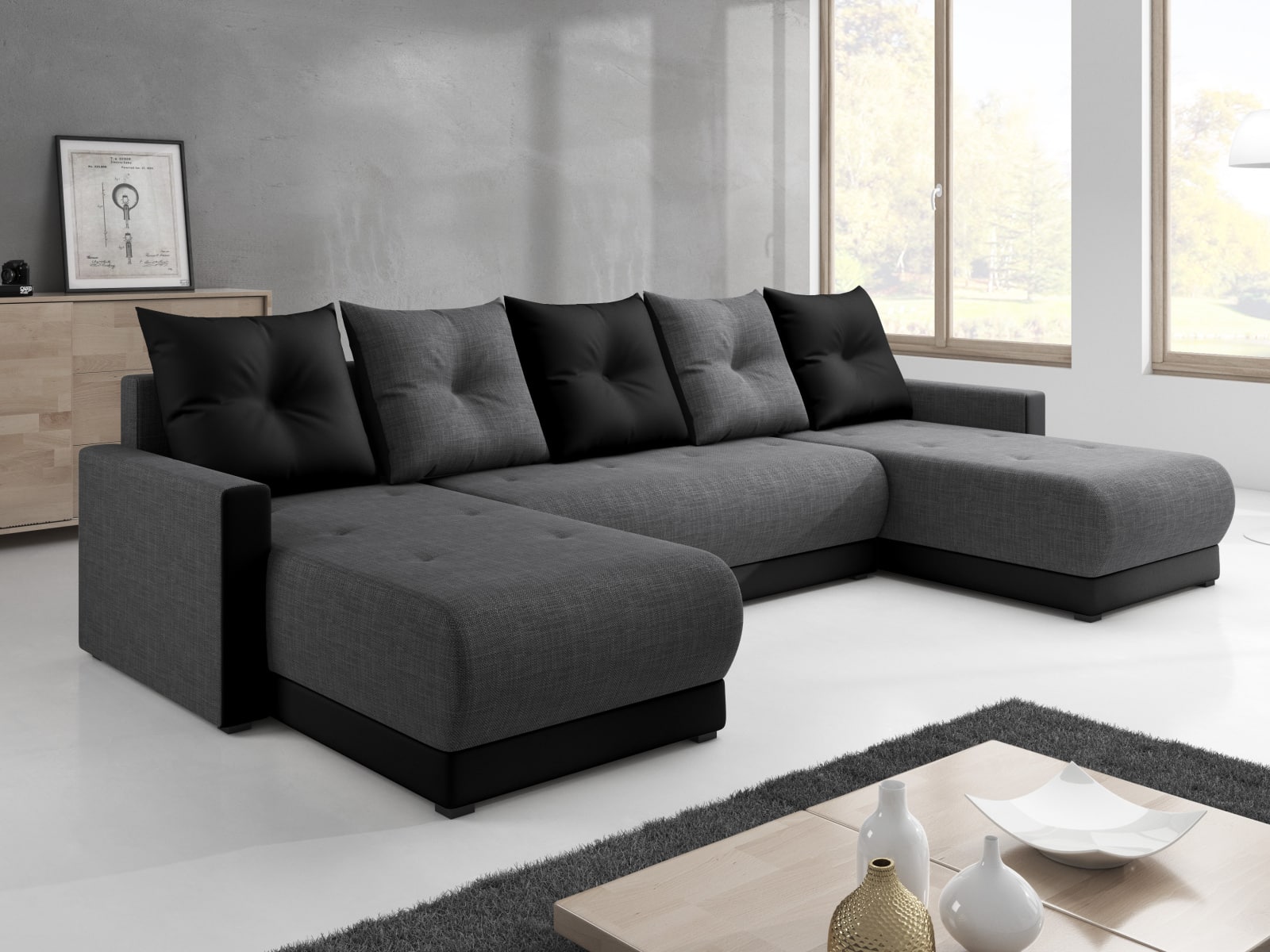 Rohová sedačka INSIGNIA U 2, šedá látka/černá látka
