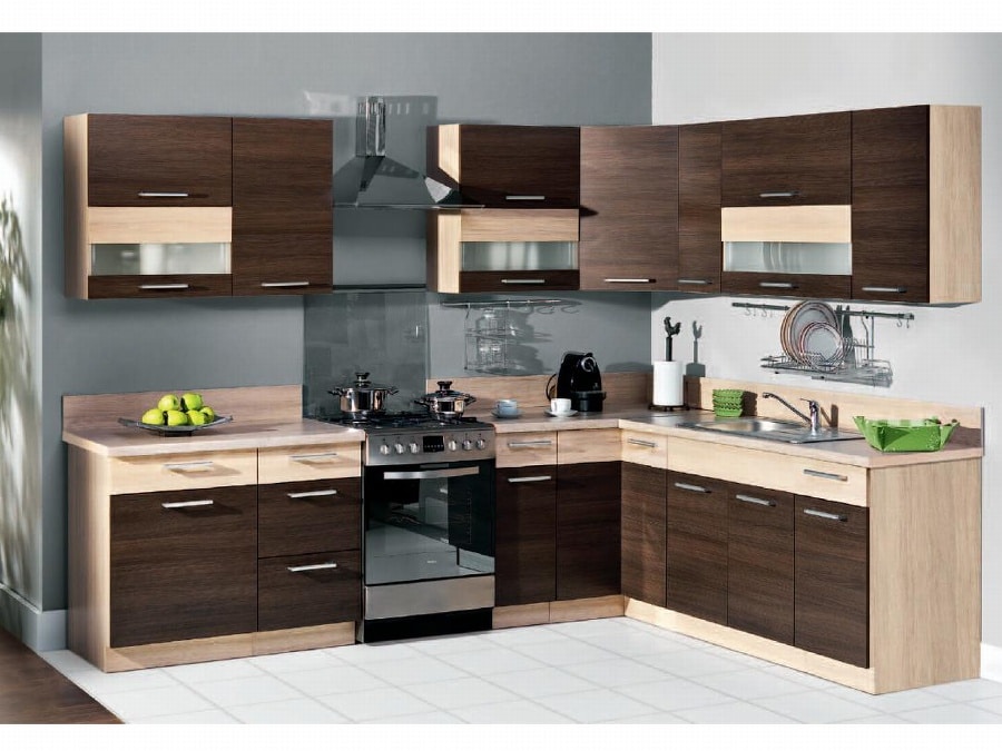 Rohová kuchyně MODENA, VZOROVÁ SESTAVA 225x210 cm, rijeka tmavá