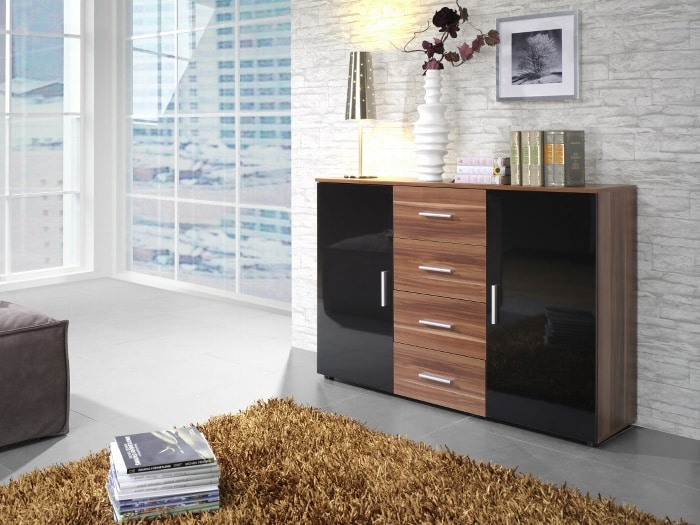 Komoda UNI/CAMA, švestka/černý lesk