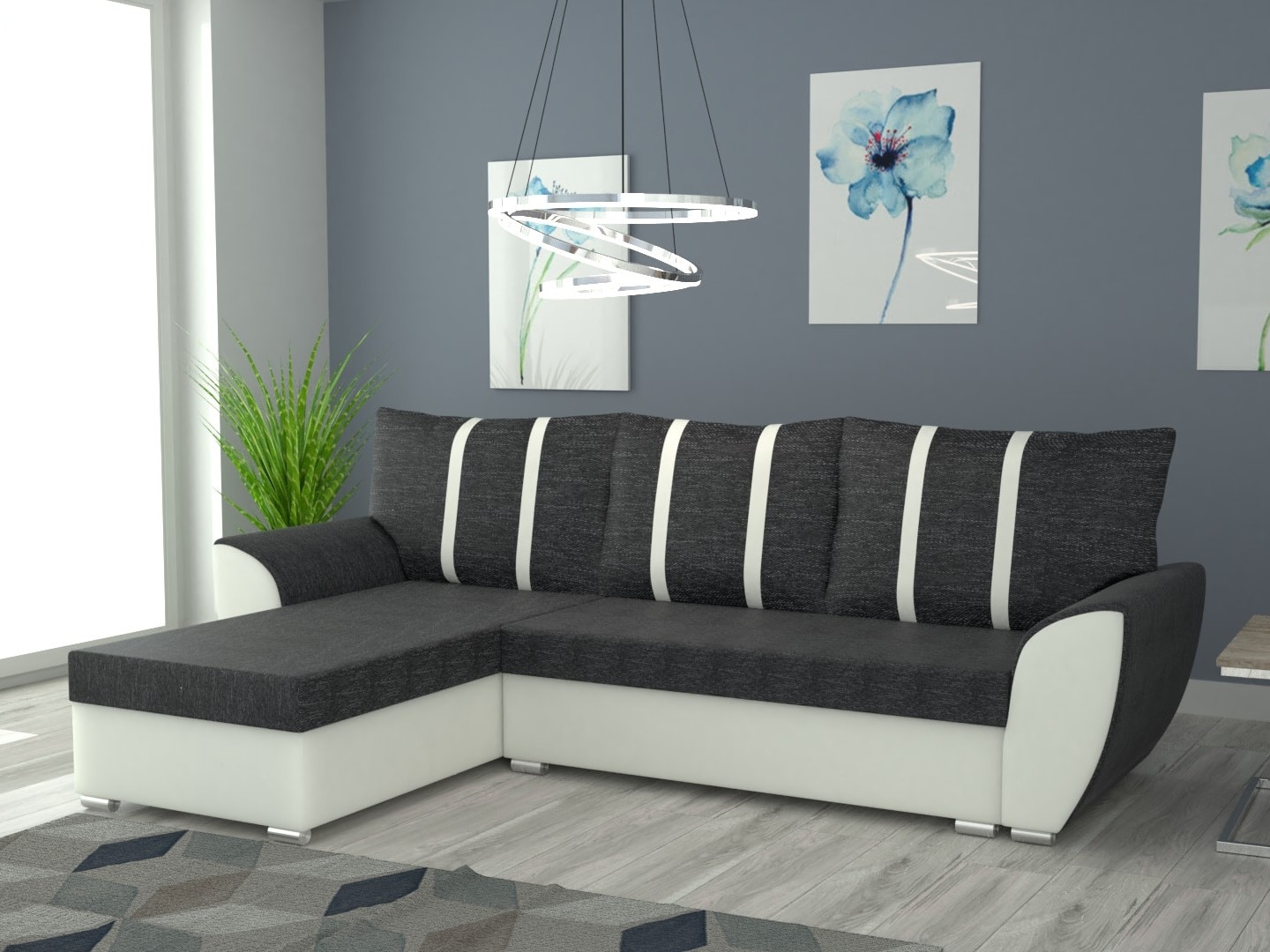 Rohová sedačka IRIS univerzální, černá látka/bílá ekokůže