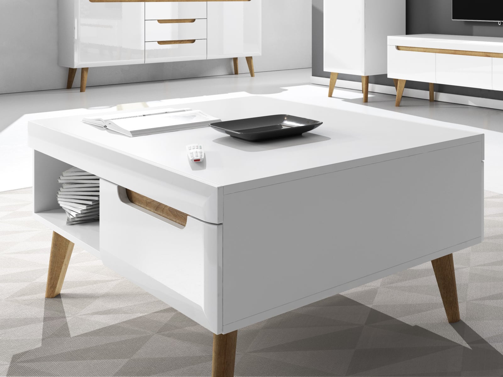 Konferenční stolek NORDI NL107, bílá/bílý lesk/dub riviera DOPRODEJ