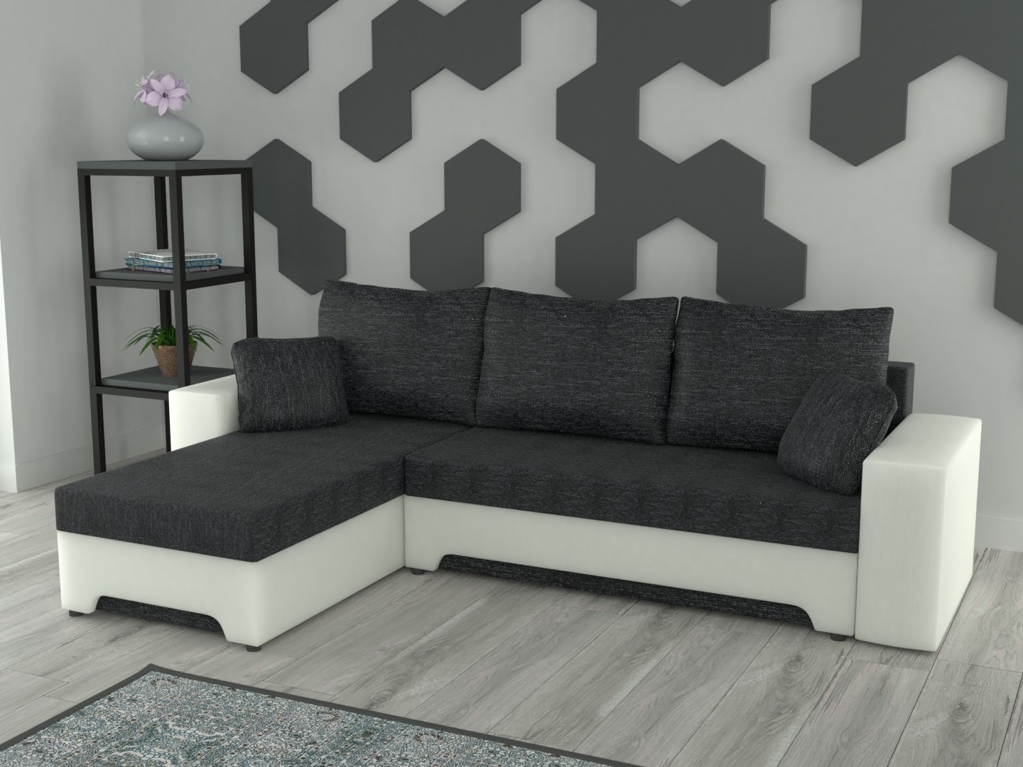Rohová sedačka GALAXI univerzální, černá látka/bílá ekokůže