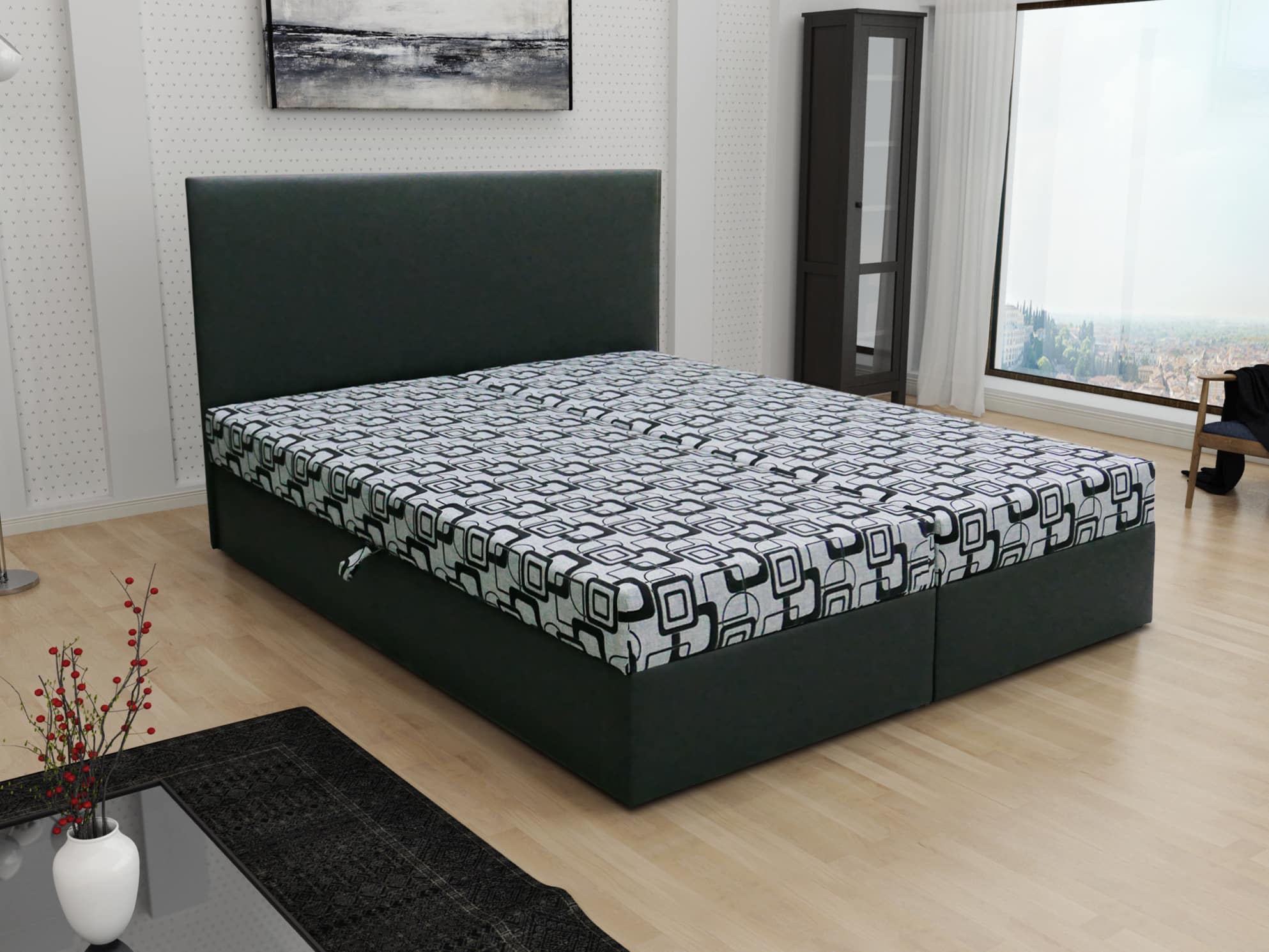 Čalouněná postel JERRY 180x200, šedá látka se vzorem/černá ekokůže