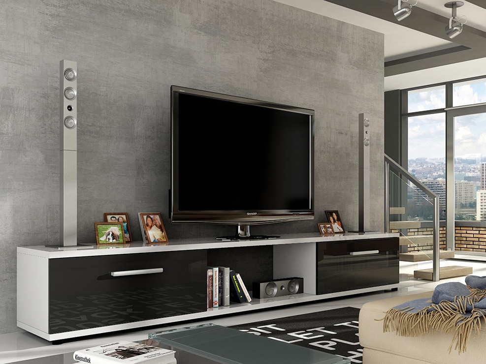 Televizní stolek MOLTON RTV, bílá/černý lesk