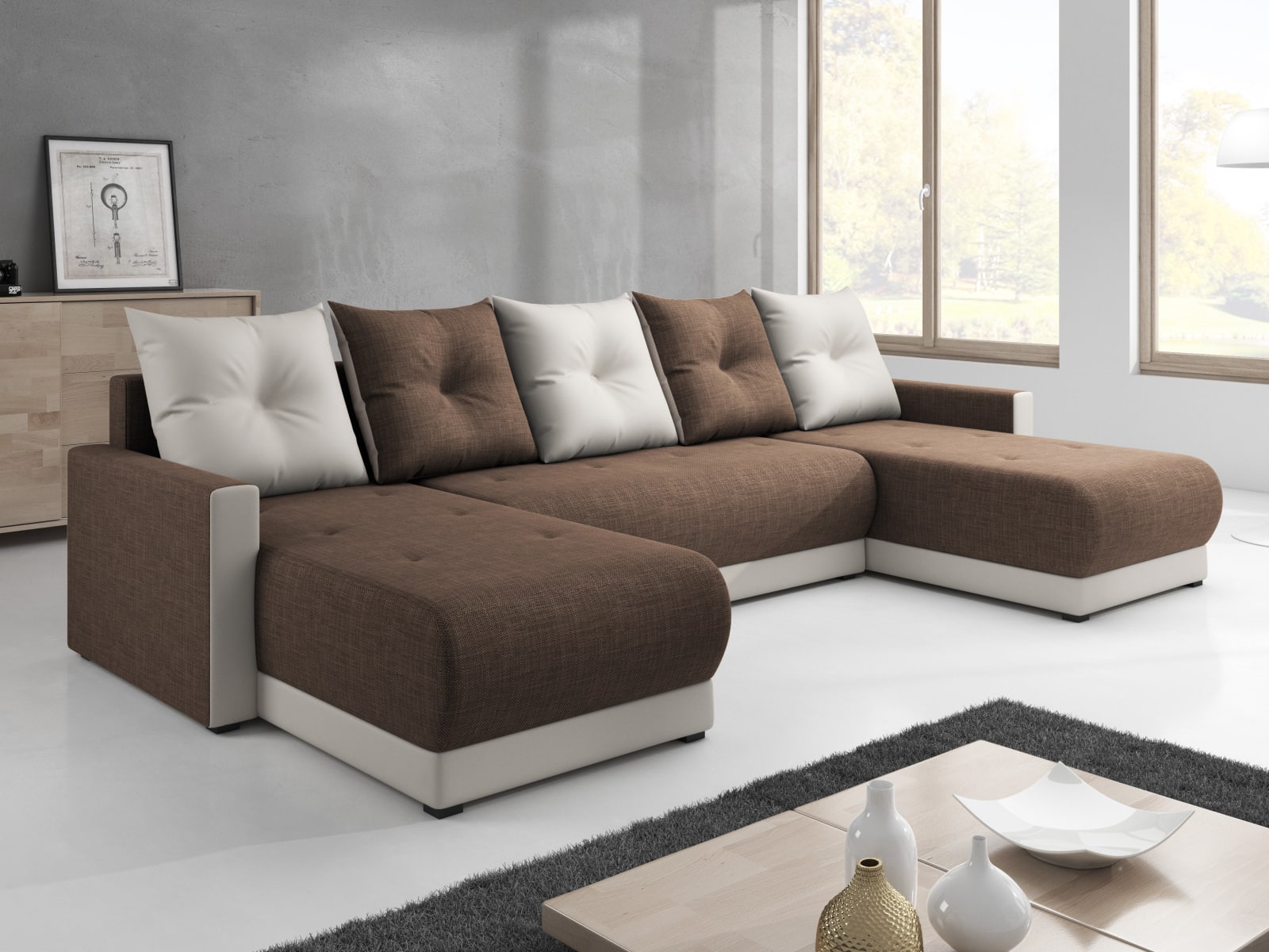 Rohová sedačka INSIGNIA U 3, hnědá látka/krémová látka