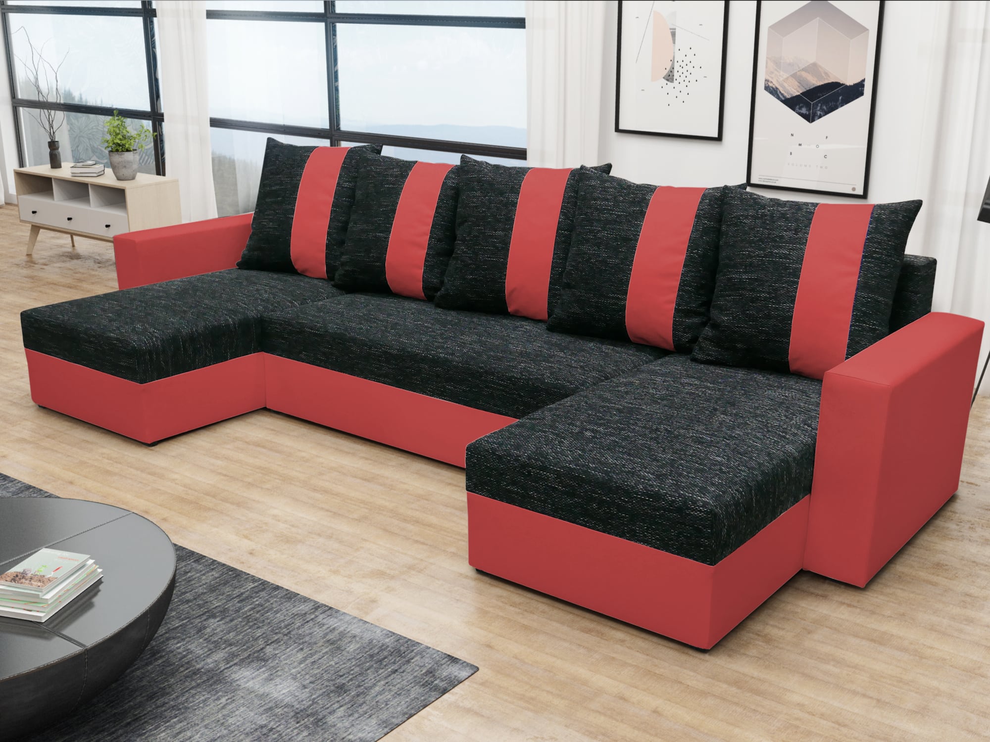 Rohová sedačka PRAGA U, černá látka/červená ekokůže