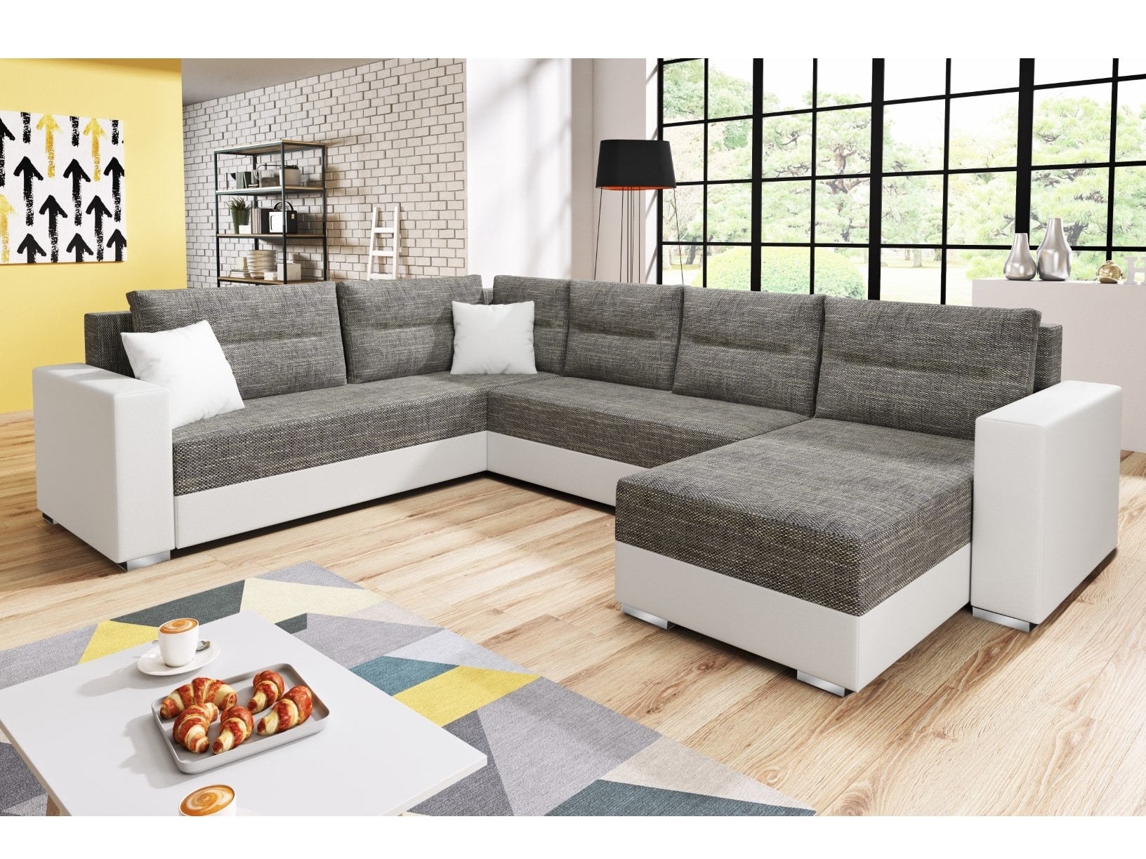 Rohová sedačka GERD, šedá látka/bílá ekokůže