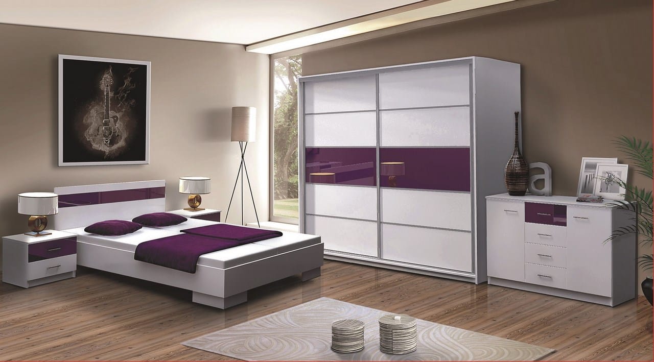 Ložnice DUBAJ, bilá/fialové sklo