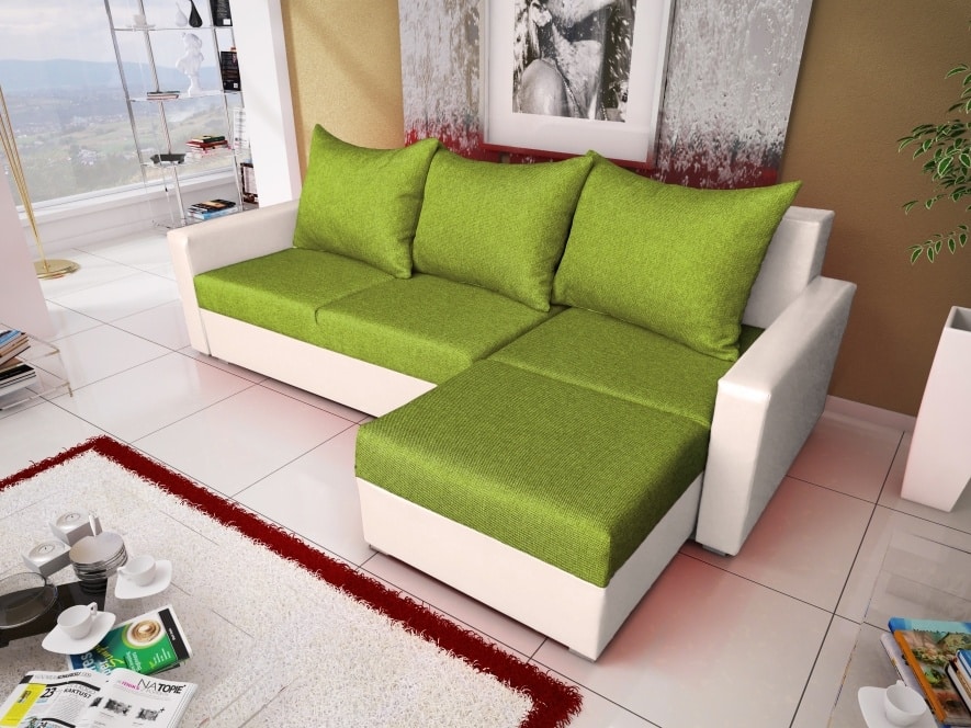 Rohová sedačka MALAGA BIS 9, zelená látka/bílá ekokůže