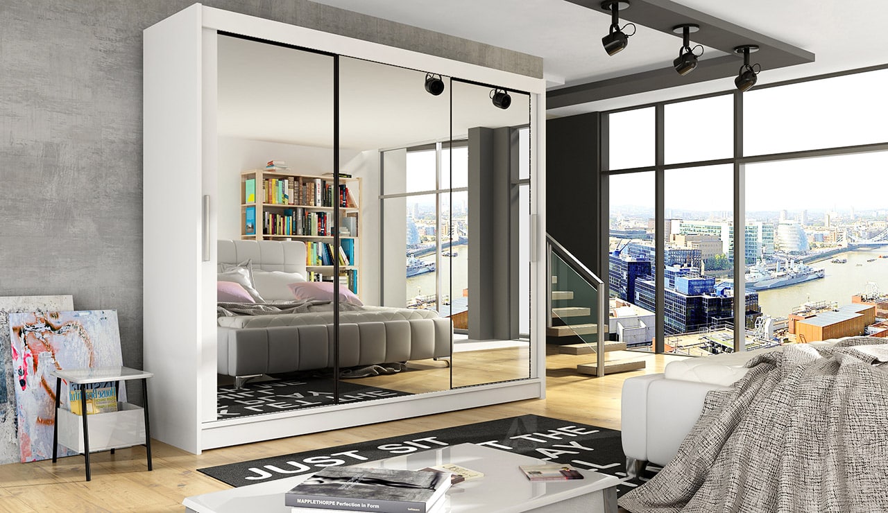 Šatní skříň ASTON III, bílý mat/zrcadlo