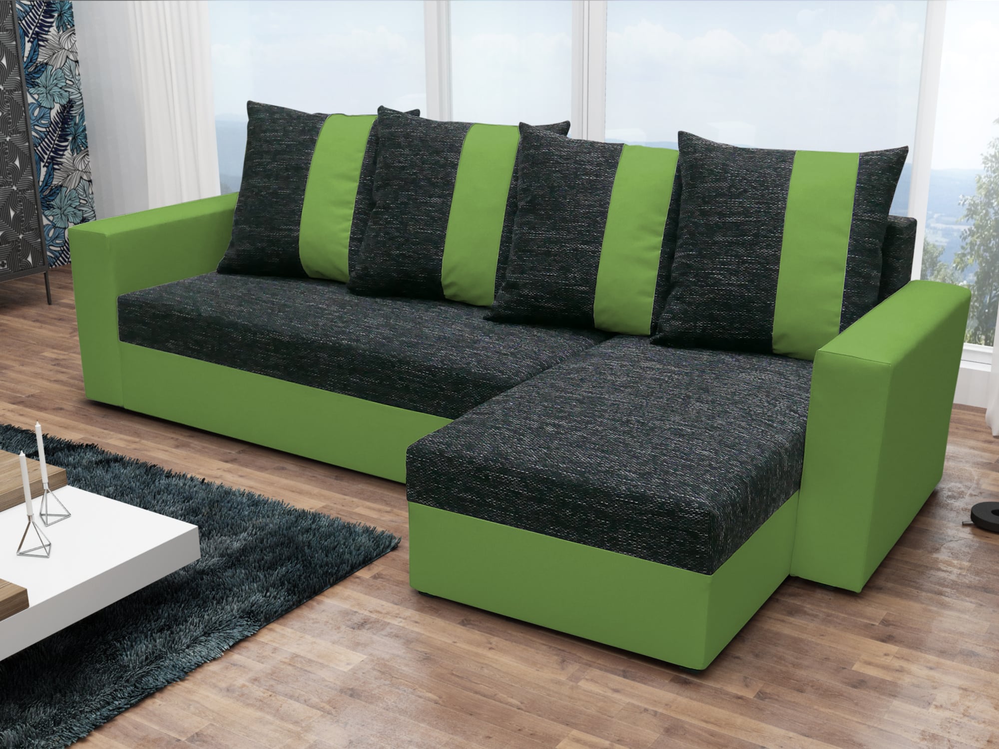 Rohová sedačka PRAGA, černá látka/zelená látka