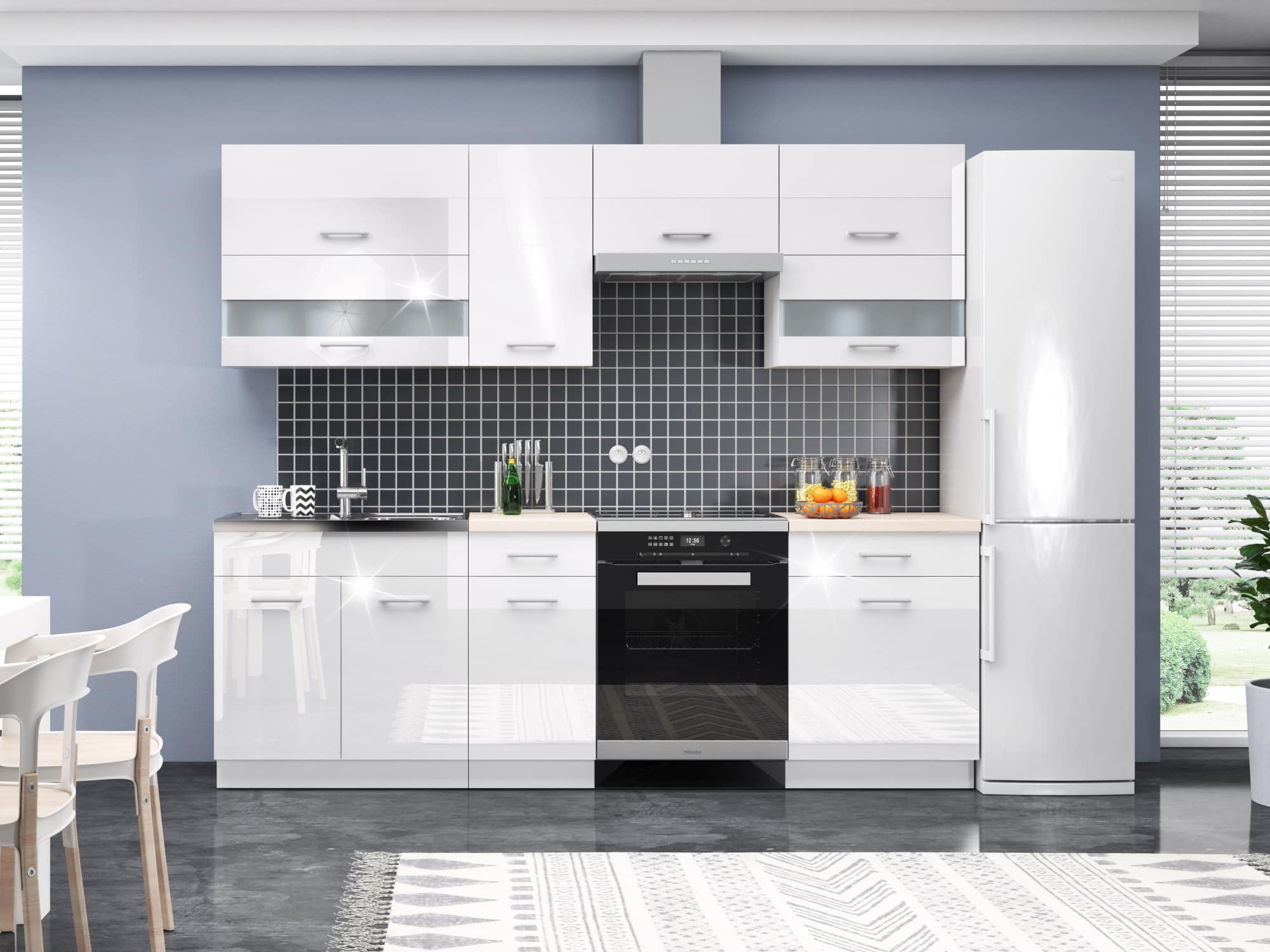 Kuchyně RIO 180/240 cm, korpus bílý mat, dvířka bílý lesk