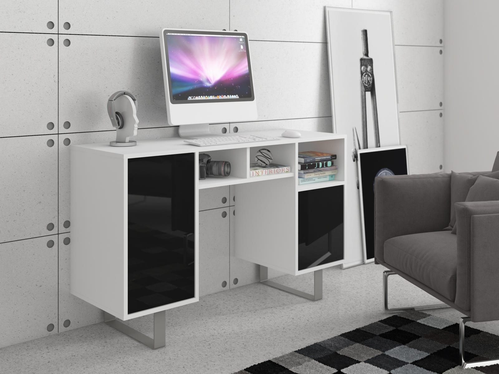 KING 9 psací stůl, bílá/černý lesk