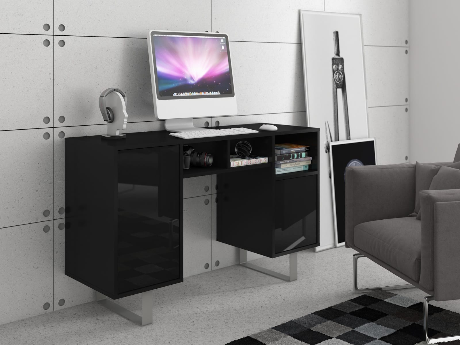 KING 9 psací stůl, černá/černý lesk