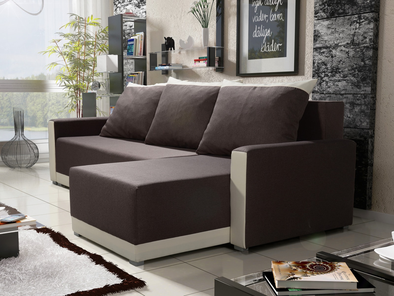 Rohová sedačka BRAGA BIS 1, hnědá látka/krémová látka