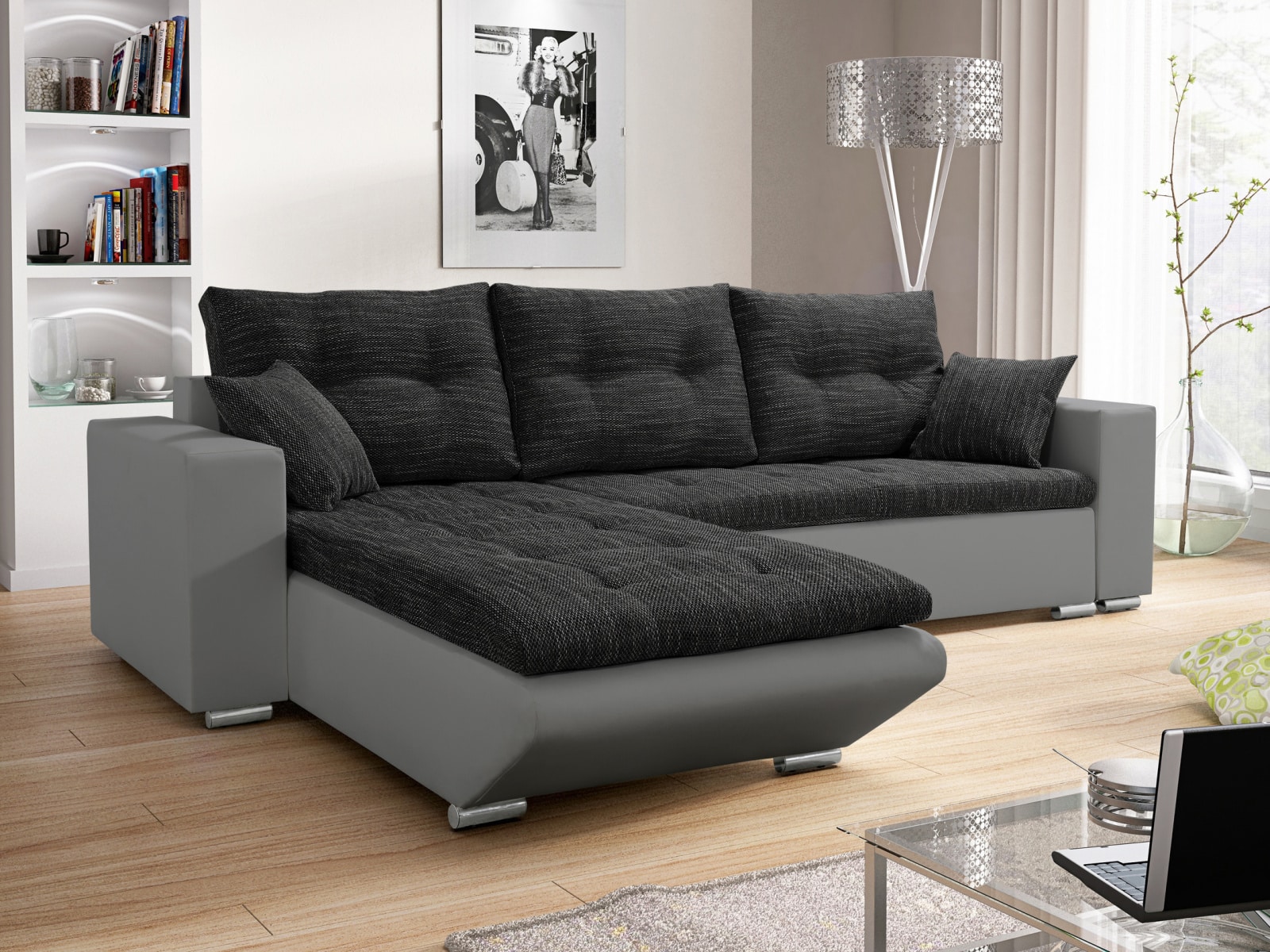 Rohová sedačka DARLA 3, černá látka/grafitová ekokůže