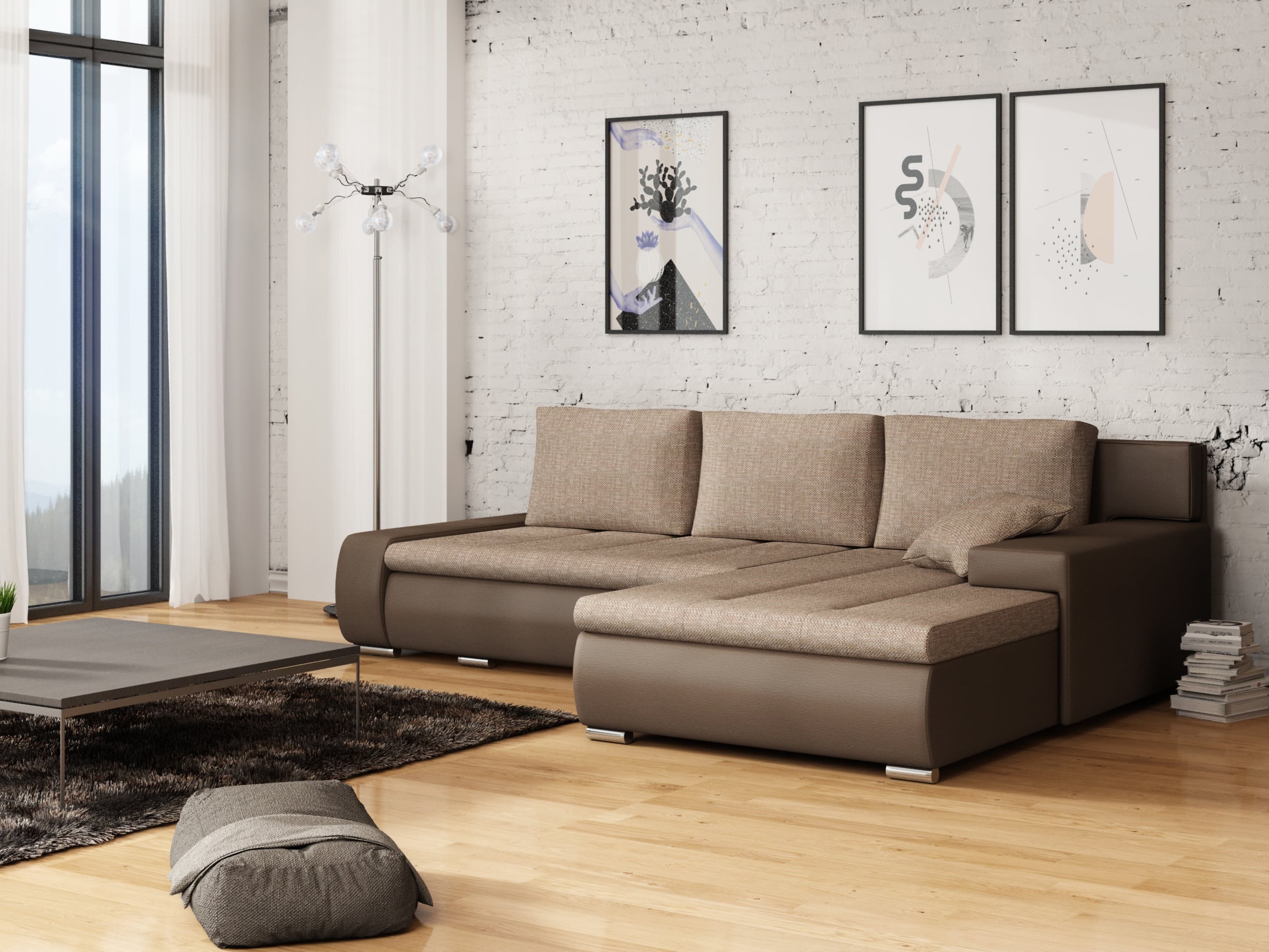 Rohová sedačka TARO 2 univerzální roh, hnědá látka prošitá bílou a béžovou nití/tmavě hnědá ekokůže