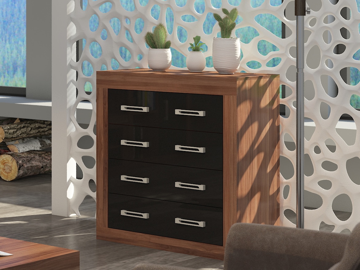 VERIN/11, komoda 4S, švestka wallis/černý lesk