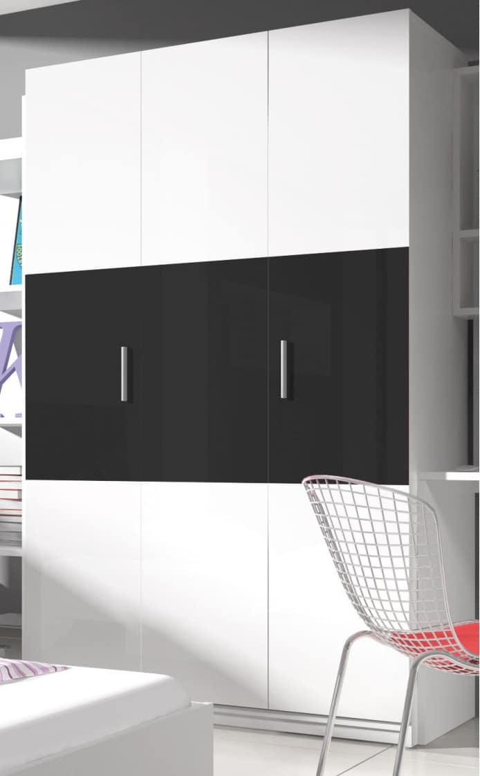 Šatní skříň RAJ 3, bílá/černý lesk