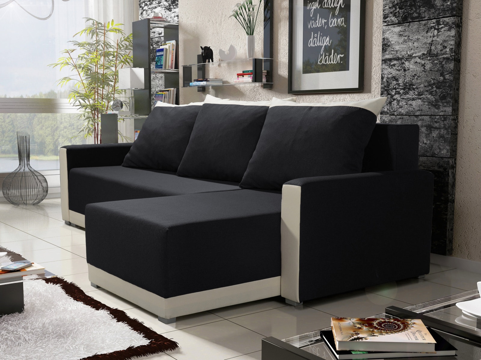 Rohová sedačka BRAGA BIS 2, černá látka/krémová látka