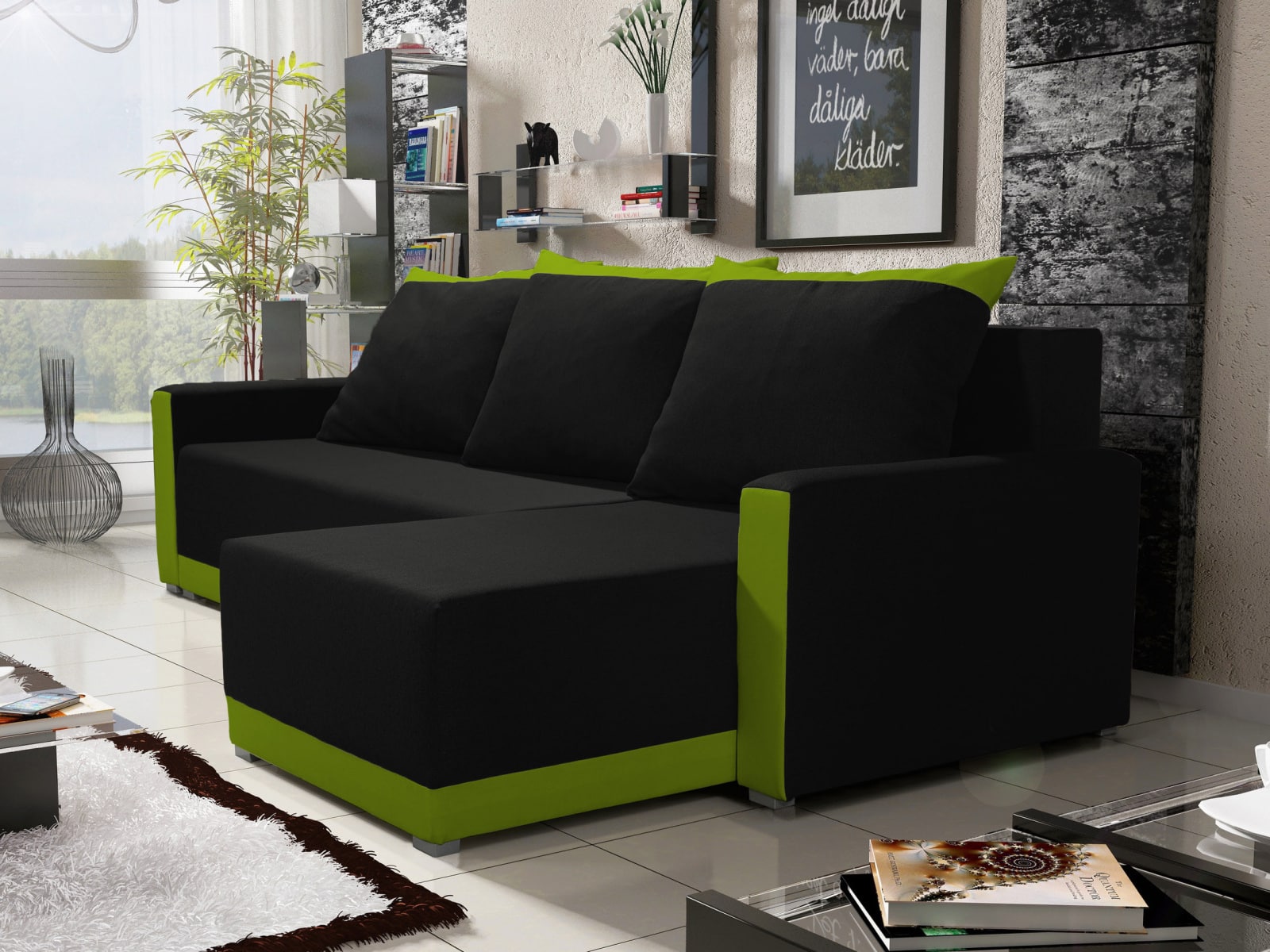 Rohová sedačka BRAGA BIS 4, černá látka/zelená látka