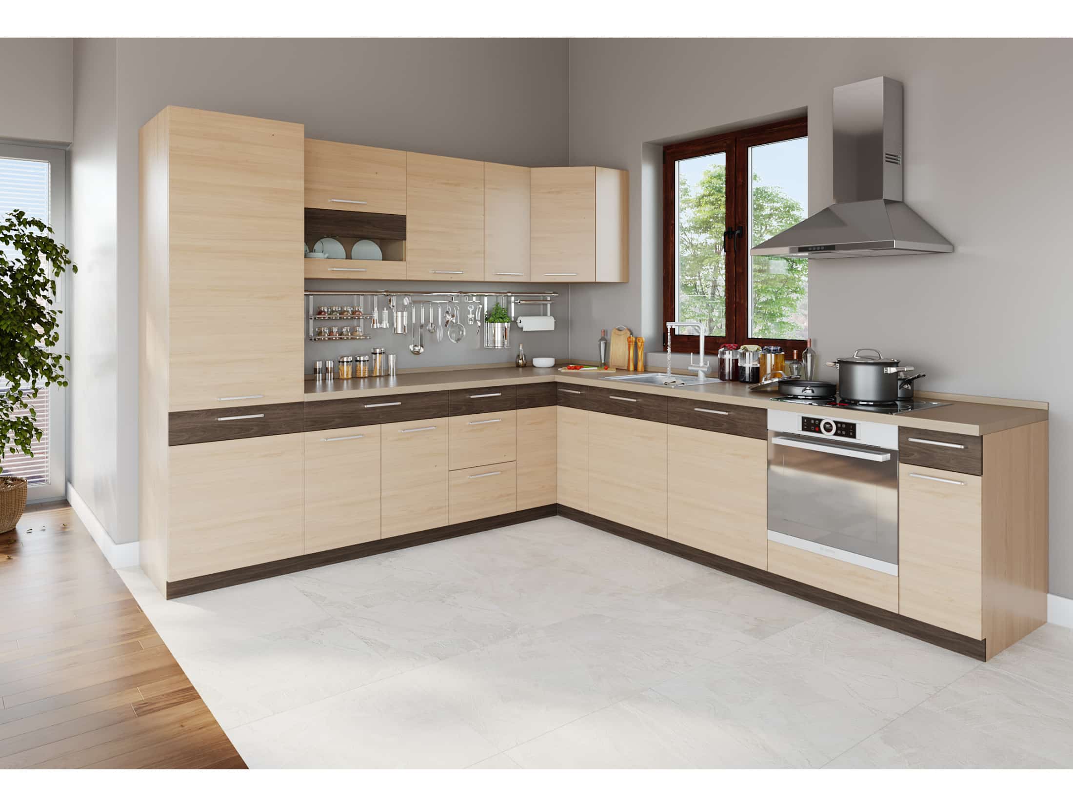 Rohová kuchyně MODENA 275x300, rijeka světlá