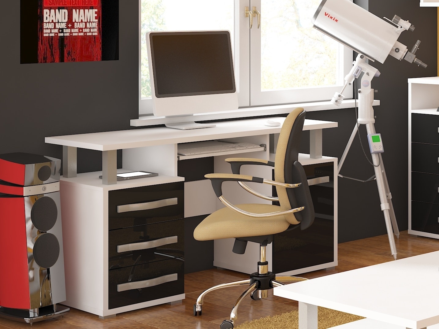 ANGEL PC stůl 1D3S, bílá/černý lesk