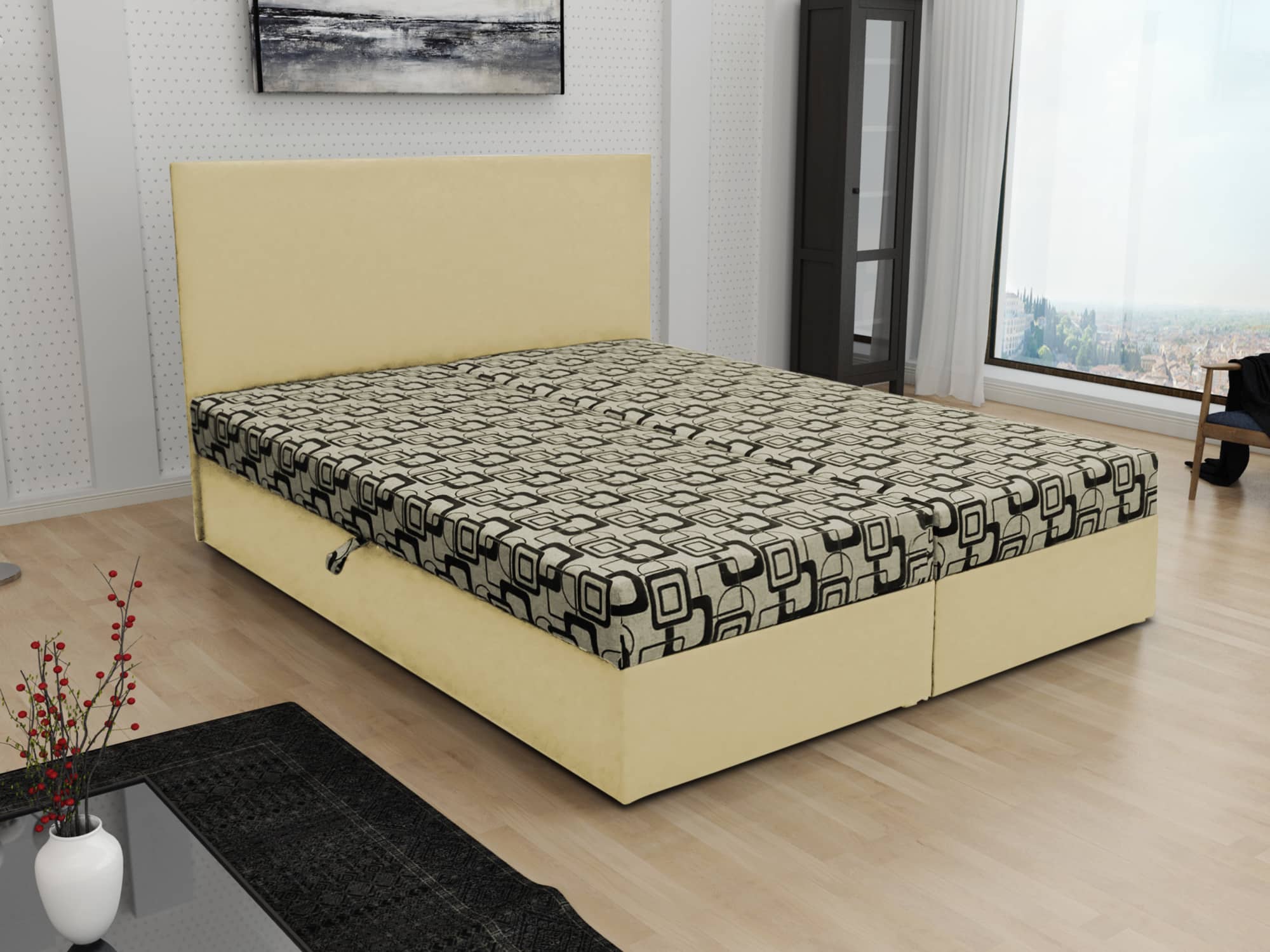 Čalouněná postel JERRY 180x200, béžová látka se vzorem/krémová ekokůže