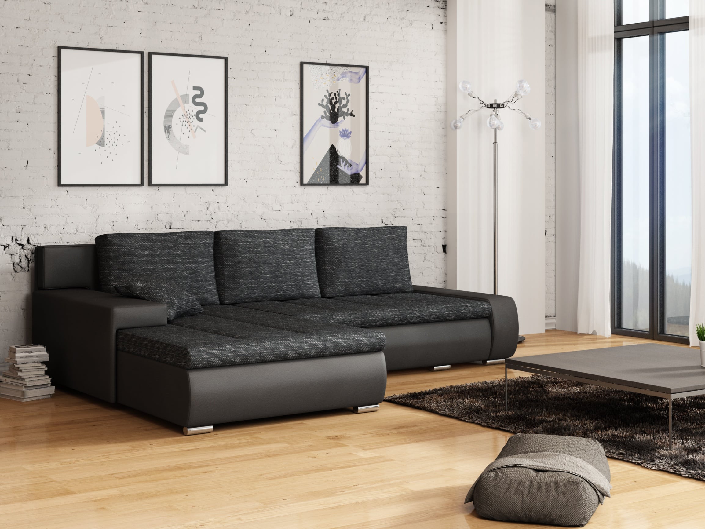 Rohová sedačka TARO 1 univerzální roh, černá látka prošitá bílou a šedou nití/černá ekokůže