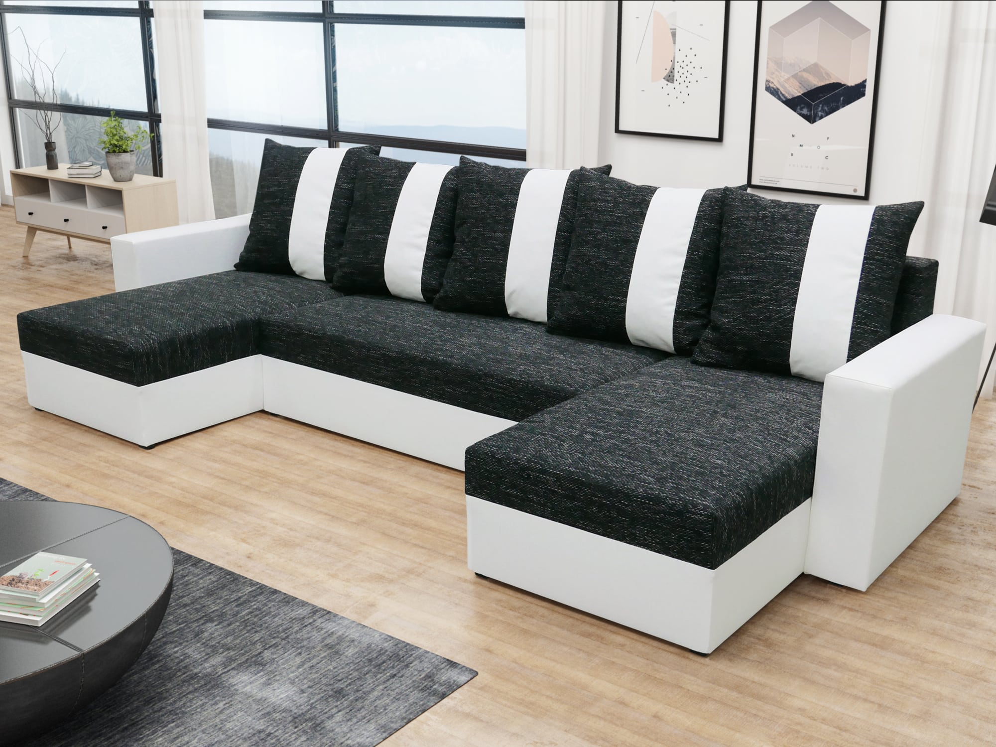 Rohová sedačka PRAGA U, černá látka/bílá ekokůže