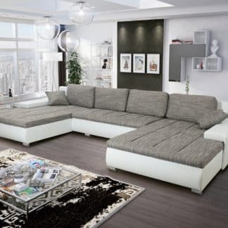 Rohová sedačka TOSKANIA U, šedá látka prošitá béžovou a černou nití/bílá ekokůže